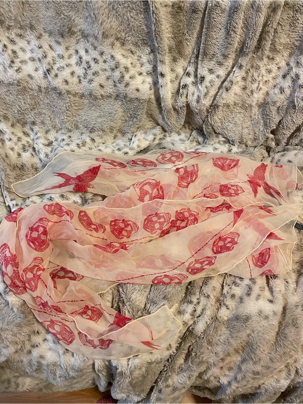 Alexander McQueen Cream Scarf with Pink Skull & Bird Motif